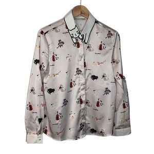 Cat Music Long Sleeve Blouse Women’s Medium Silky Feel Piano Violin Instruments